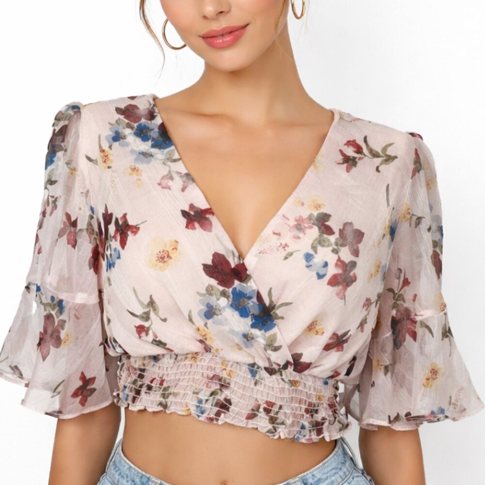 Chelsea Violet Floral Wrap Crop Top M‎ Boho Sheer Smocked Bell Sleeve Prairie